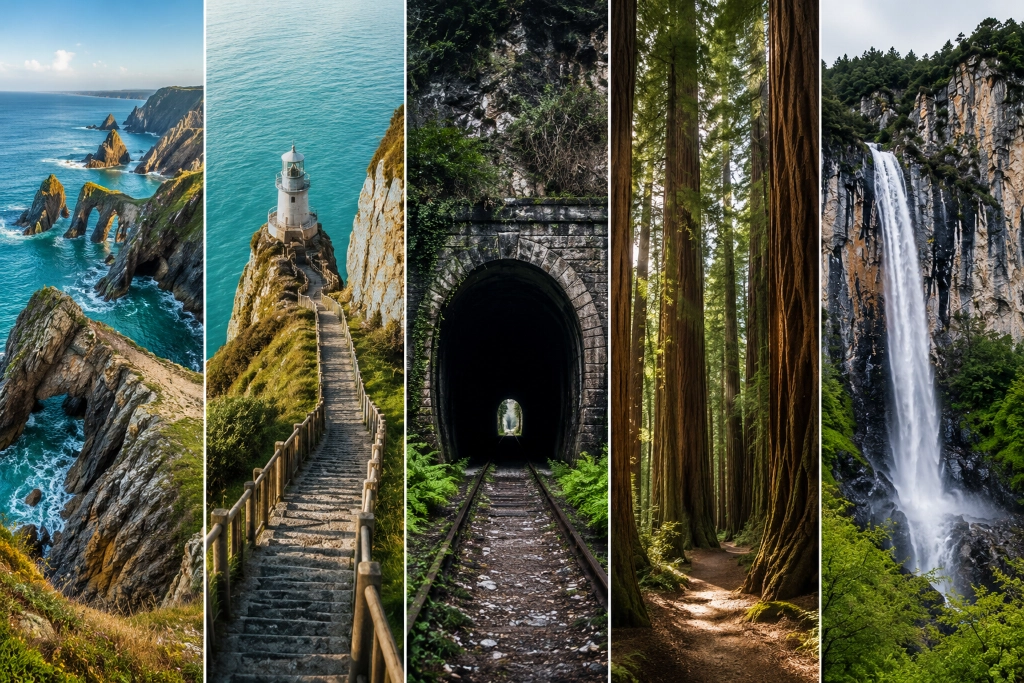 Collage con algunas de las mejores rutas de senderismo en Cantabria: Costa Quebrada, Faro del Caballo, Túnel de La Engaña, Bosque de Secuoyas y Nacimiento del Río Asón.