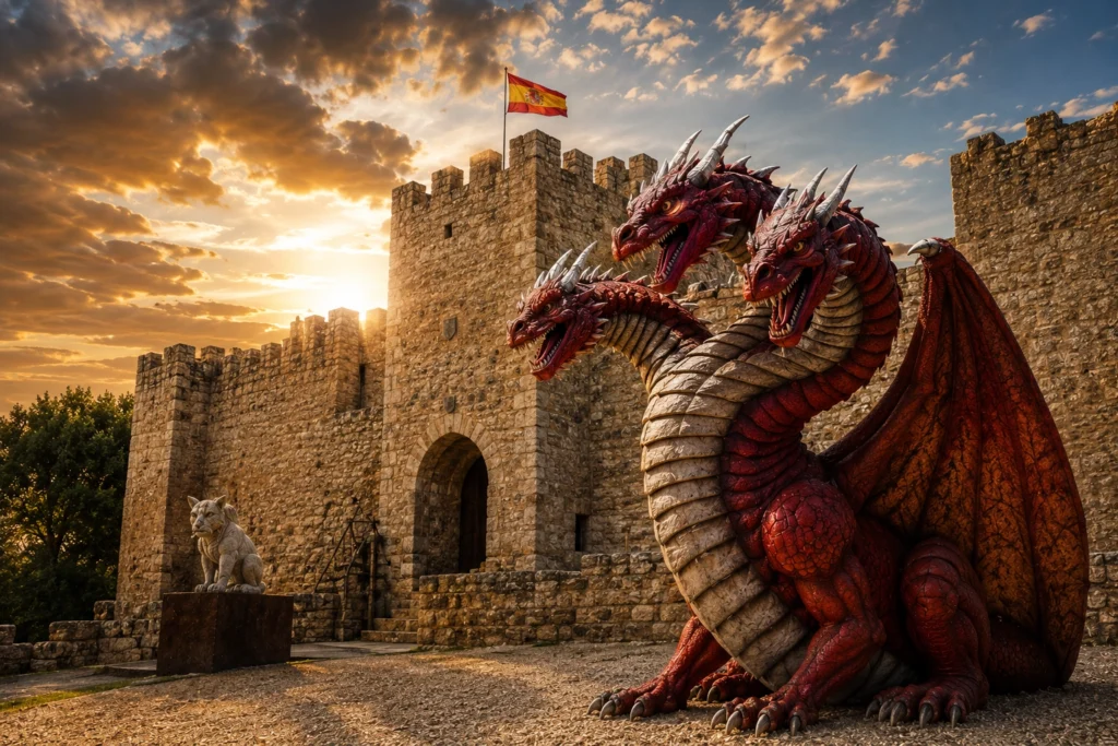 Castillo Encantado de Trigueros del Valle en Valladolid con dragón fantástico frente a la fortaleza medieval.